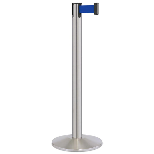 Satin Stainless Steel Finish Blue Belt 14" Sloped Modern Contempo Retractable Belt Stanchion