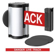 Satin Aluminum Glass/Surface Mount Retractable Belt - Danger Live Track 10 ft