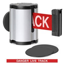 Satin Aluminum Glass/Surface Mount Retractable Belt - Danger Live Track 15 ft